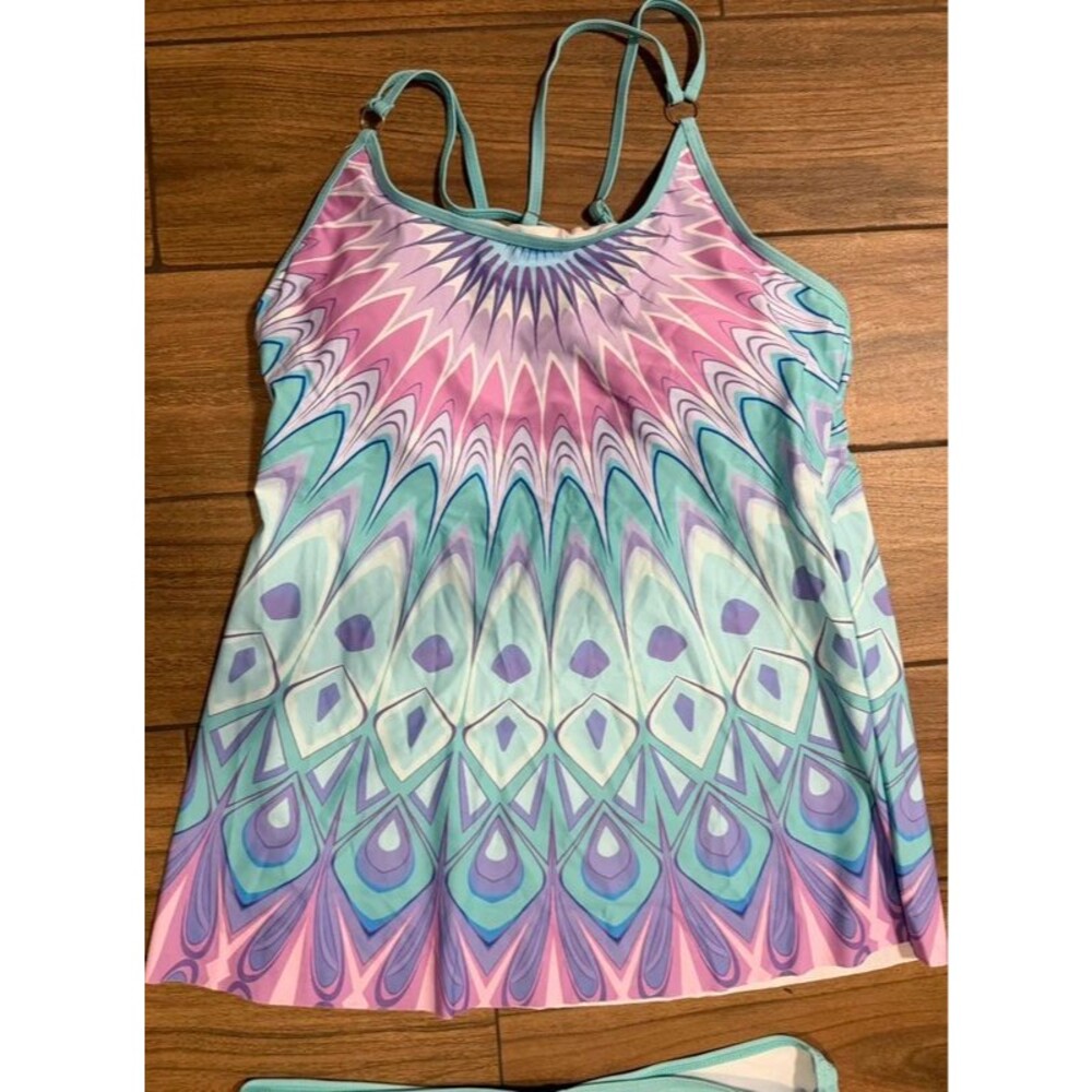 Two-Piece Swimsuit Tankini with Shorts Blue Pink Geometric plus size 2xl